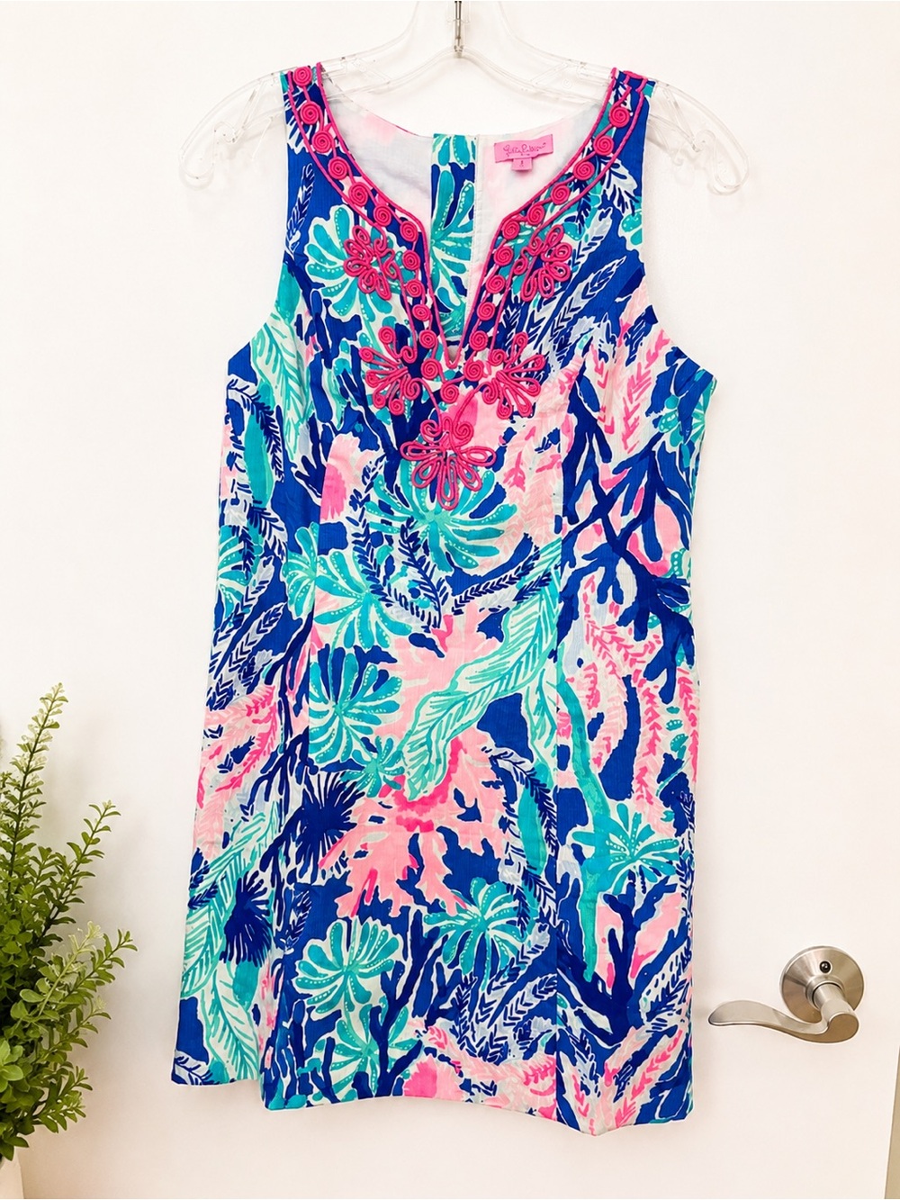 Lilly Pulitzer Tropical Floral Embroidered Sleeveless Dress in Pink, Blue & Aqua